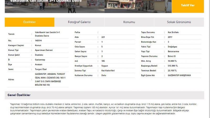 Vakıfbank'tan Gaziantep'te Satılık Dubleks Daire İlanı! 185 Metrekarelik Daire İçin Yüzde 3'lük Teminat Bedelini Yatıran Herkes Fiyat Teklifi Verebilecek! 4