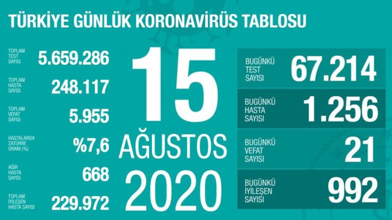 Yeni corona virüsü verileri açıklandı! İşte 15 Ağustos tablosu…