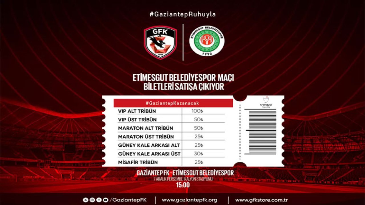 Gaziantep FK, Etimesgut Belediyespor maçı biletleri satışa çıktı