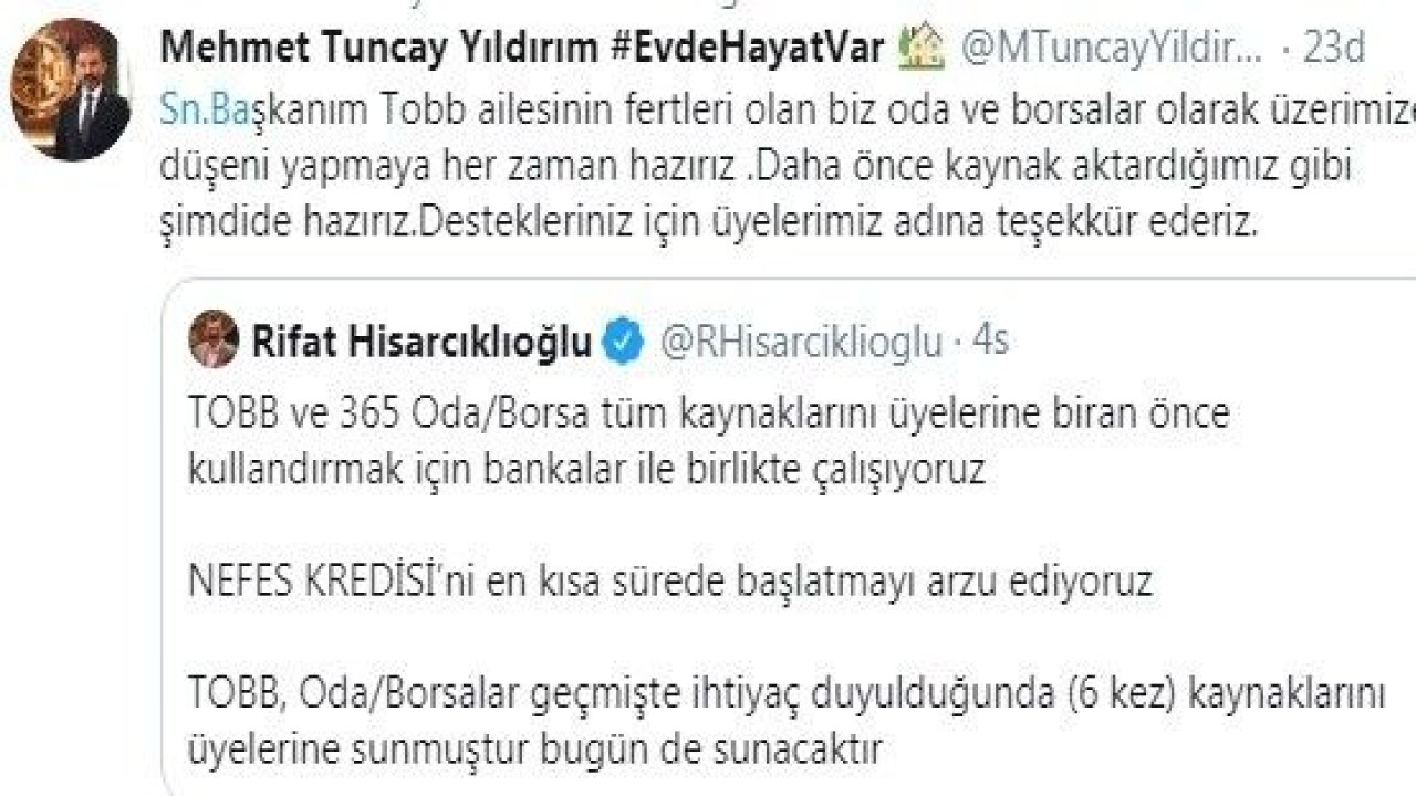 TOBB Başkanı Hisarcıklıoğlu'nun Nefes Kredisi Çağrısına GTO Başkanı 'YILDIRIM'dan Tam Destek #EvdeHayatVar