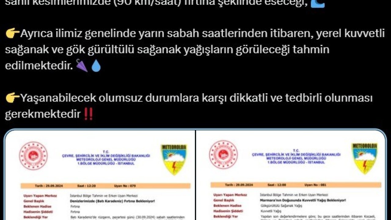 Sakarya’da fırtına ve sağanak yağış uyarısı