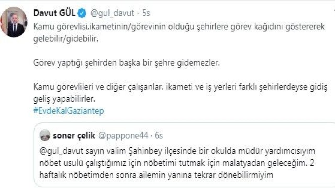 Vali Gül 'Kamu Görevlileri,Sadece İkametlerine Gidebilir.'