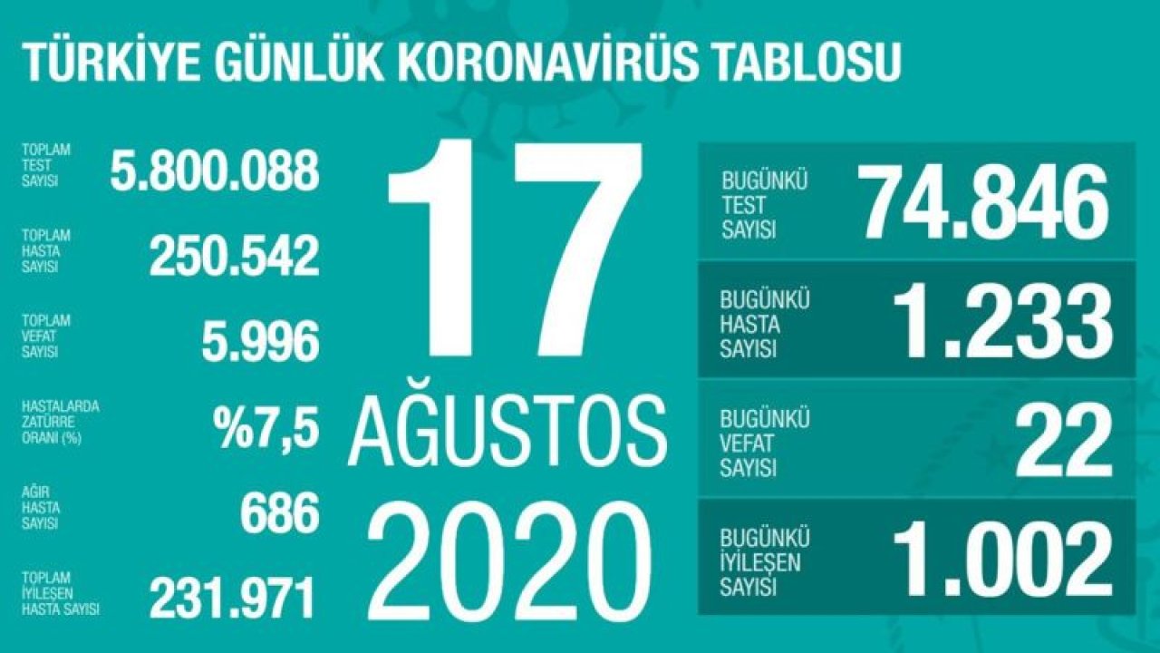 Türkiye’nin günlük corona verileri açıklandı! İşte 17 Ağustos tablosu…