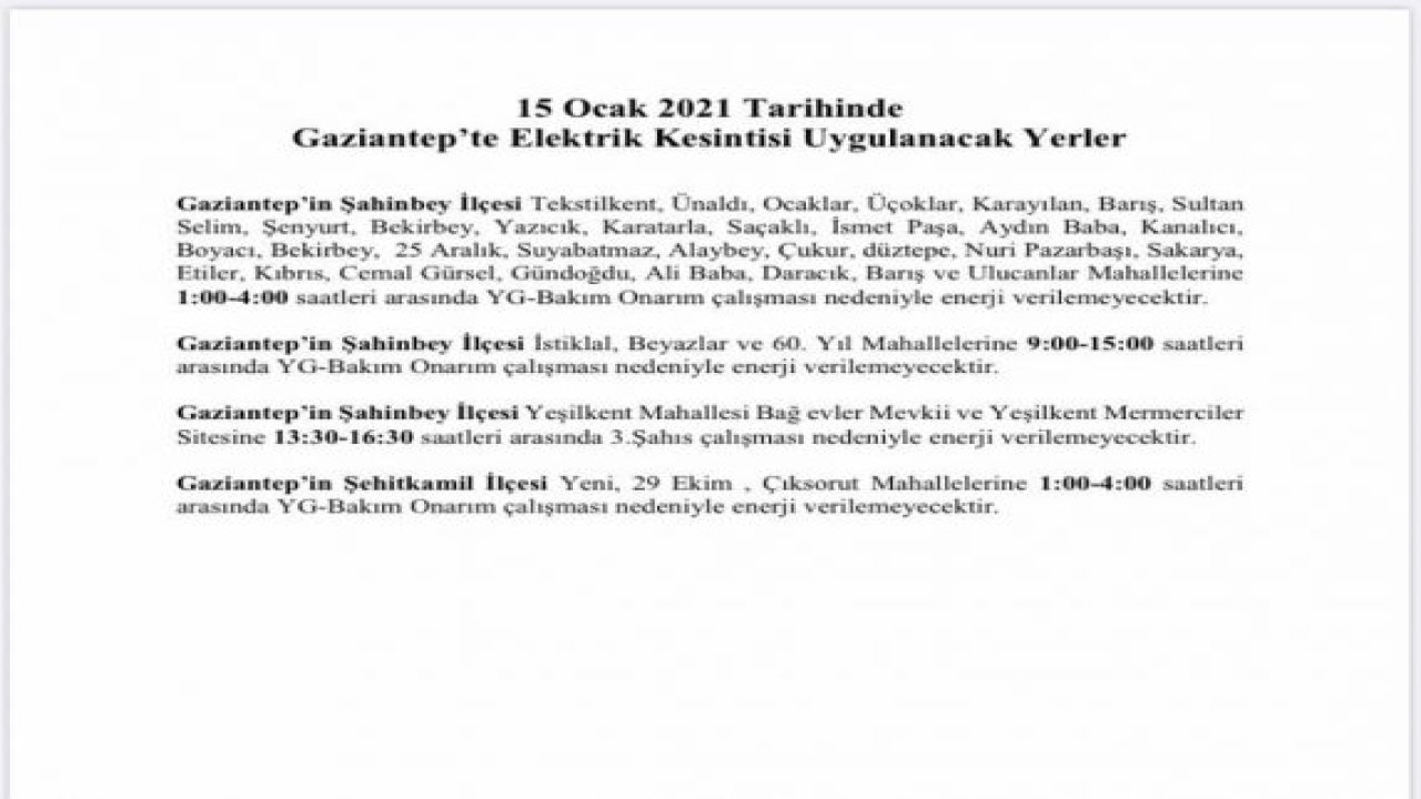 Son Dakika...Gaziantep'te 15 Ocak Cuma (Bugün) elektrik kesintisi