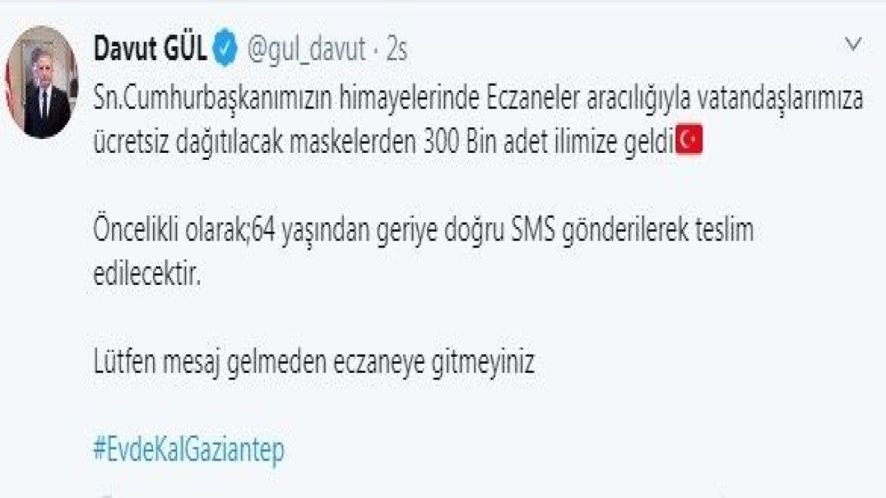 Vali Gül,Maskelerin Gaziantep'lilere Ücretsiz Dağıtılmak Üzere Geldiğini Duyurdu