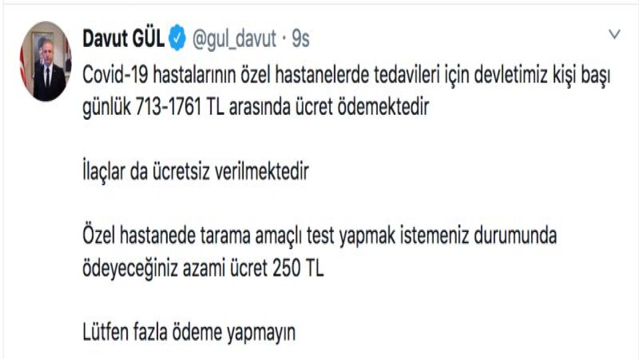 Vali Gül Sosyal Medya Hesabında Hastane  PCR Test Fiyatları İçin Uyardı