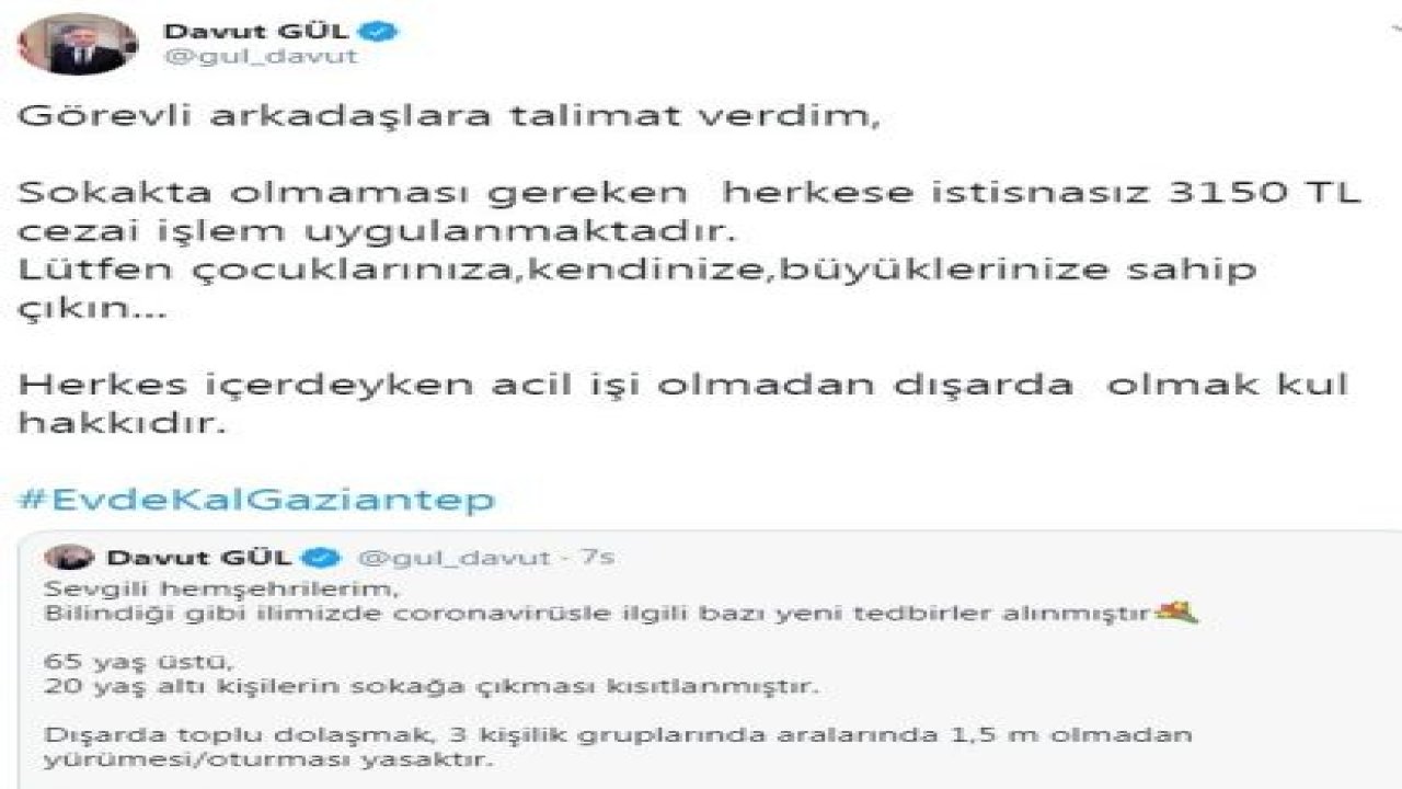 Gaziantep Valisi Davut GÜL,Yasaklara Uymayanlara Ne Kadar Ceza Kesileceğini Açıkladı