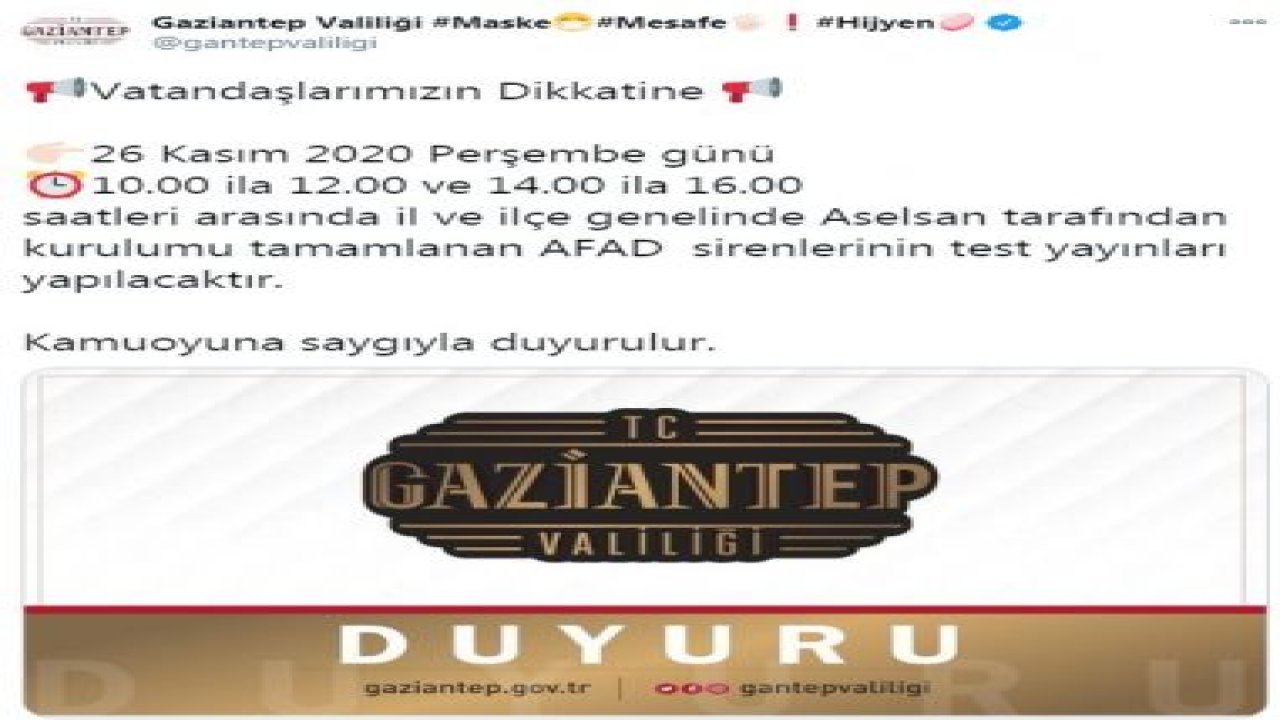 Son Dakika...Gaziantep'te 'SİREN' Testi Yapılacak...Gaziantep Valiliği Duyurdu