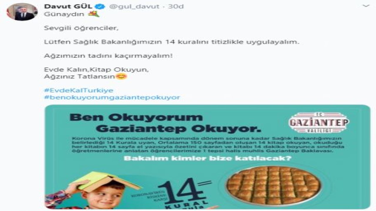 Vali Gül'den öğrencilere baklavalı tweet!