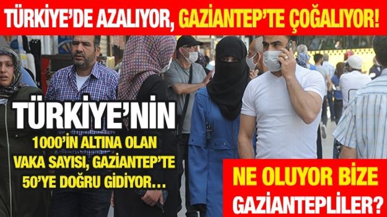 Türkiye’de azalıyor, Gaziantep’te çoğalıyor!Türkiye’de azalıyor, Gaziantep’te çoğalıyor!  Türkiye’nin 1000’in altına olan vaka sayısı, Gaziantep’te 50’ye doğru gidiyor…  Ne oluyor bize Gaziantepliler?