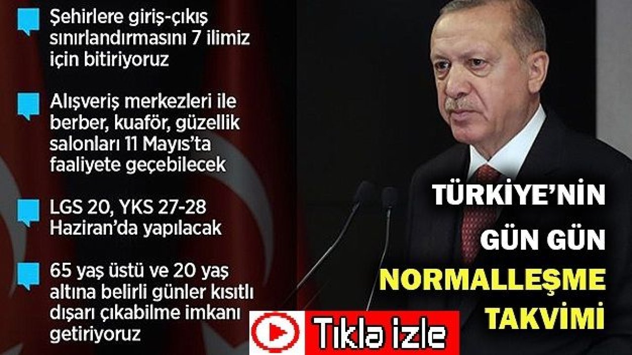 Cumhurbaşkanı Erdoğan açıkladı... İşte gün gün Türkiye'nin normalleşme takvimi! Sokağa Çıkma Yasağı İlan Edildi. Açık Olacak Yerler Nereler? Video İzle...