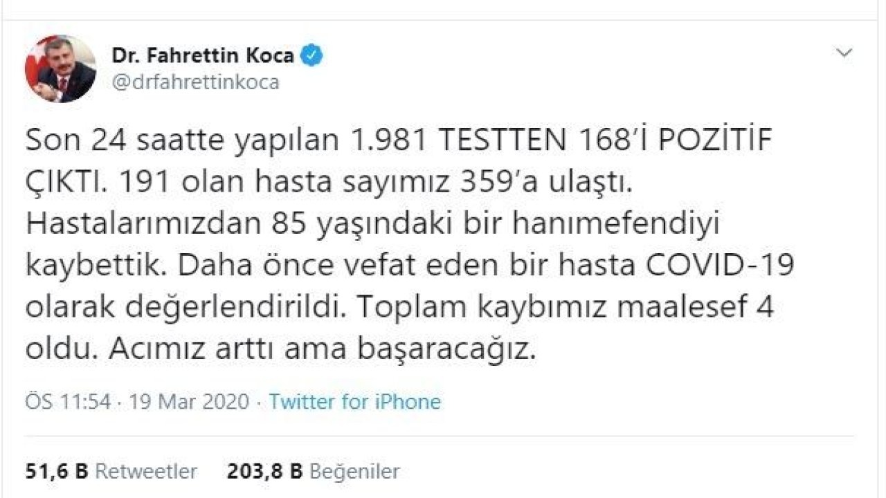 Sağlık Bakanı Koca açıkladı: Koronavirüsten 4. can kaybını yaşadık