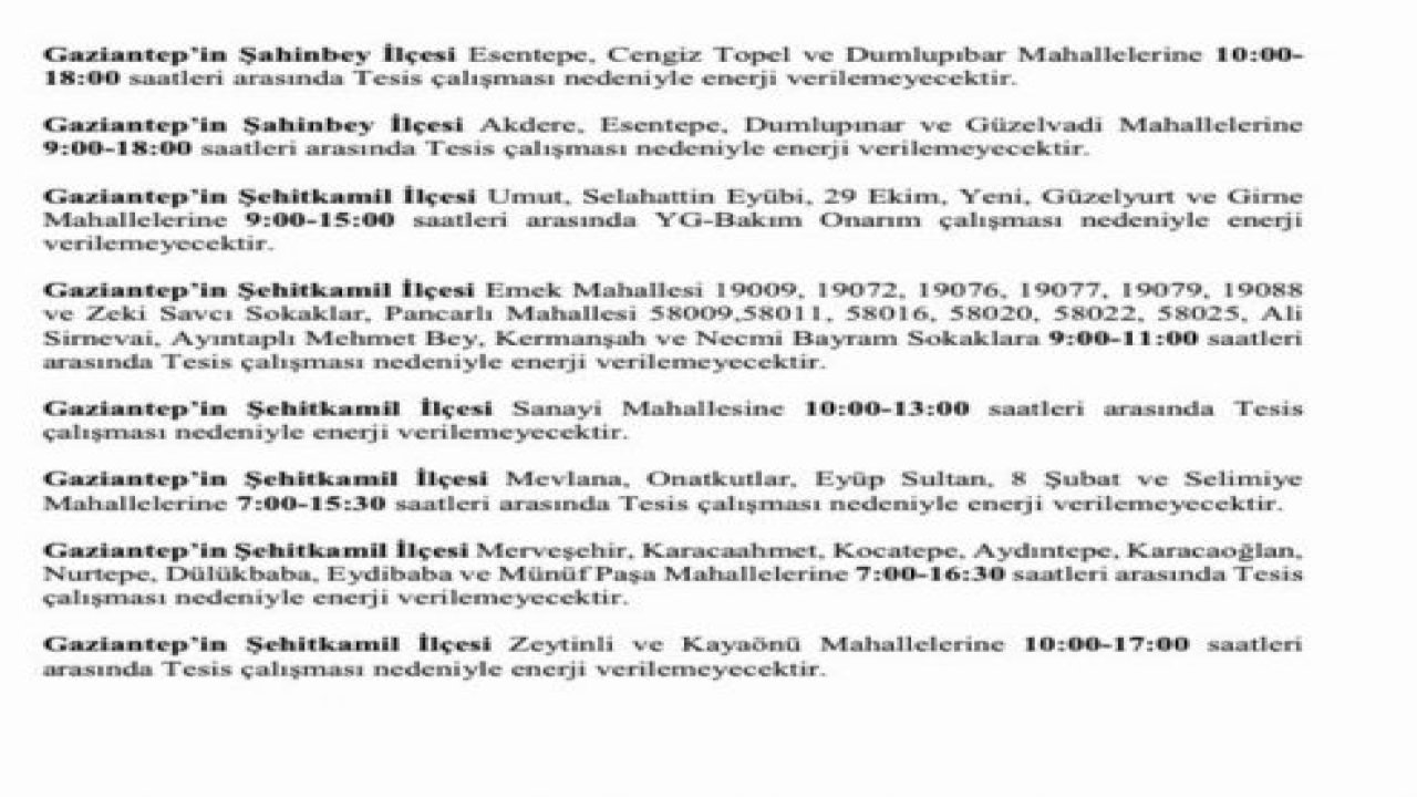 Gaziantep'te elektrik kesintisi