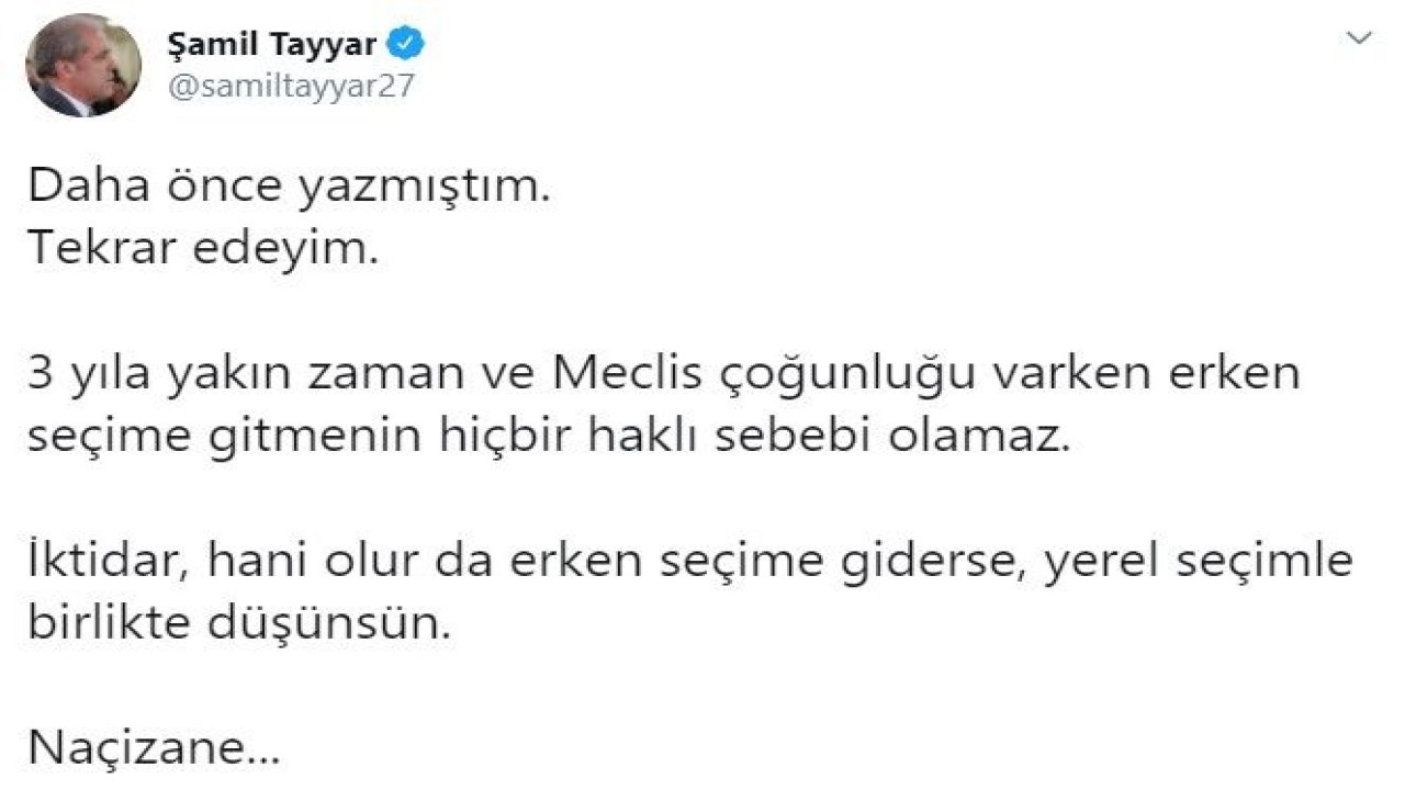 Tayyar'dan "erken seçim" tartışması