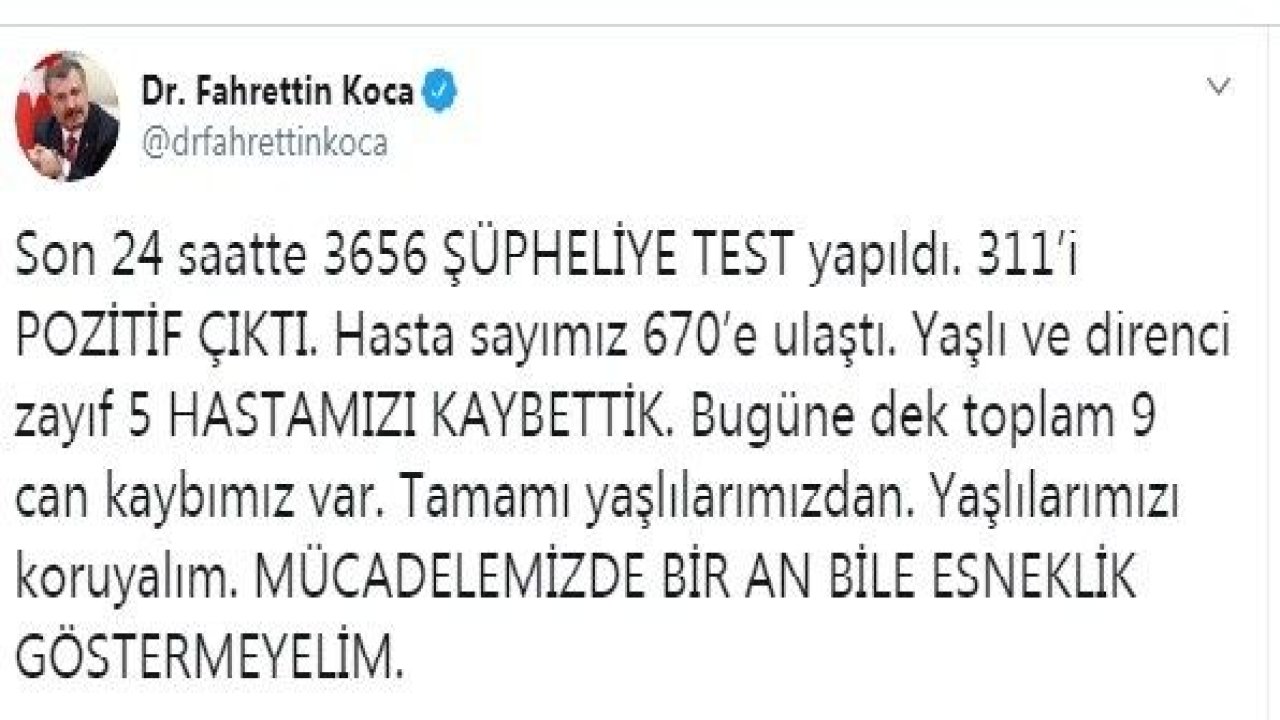 Sağlık Bakanı Koca açıkladı: Koronavirüsten 9. can kaybını yaşadık