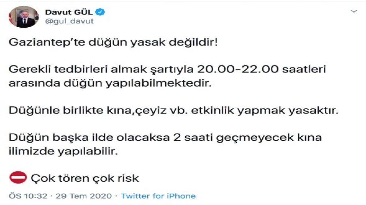 Vali Gül’den kına gecesi ve düğün kararı....   Gaziantep’te düğünler kesinlikle yasak değil