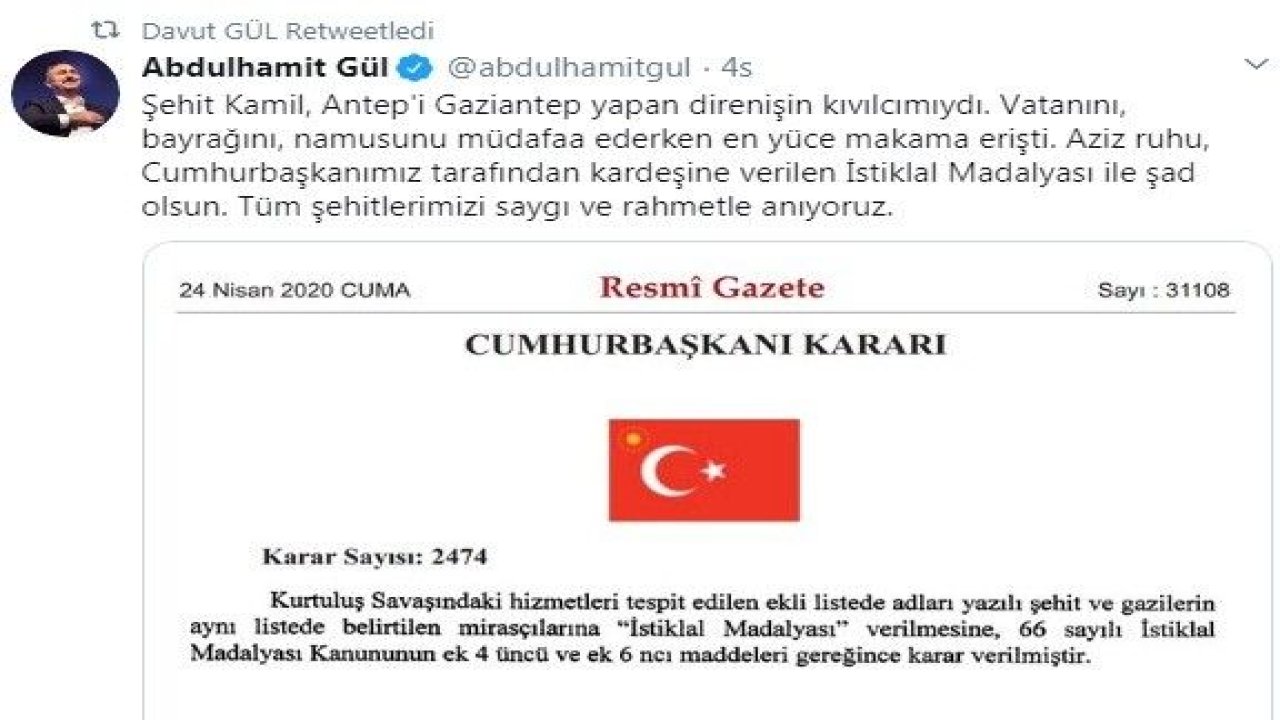 Adalet Bakanı Gül Şehit Kamil'in Kardeşini ve Antep Harbi Şehitlerini Onure Eden Duyuru...