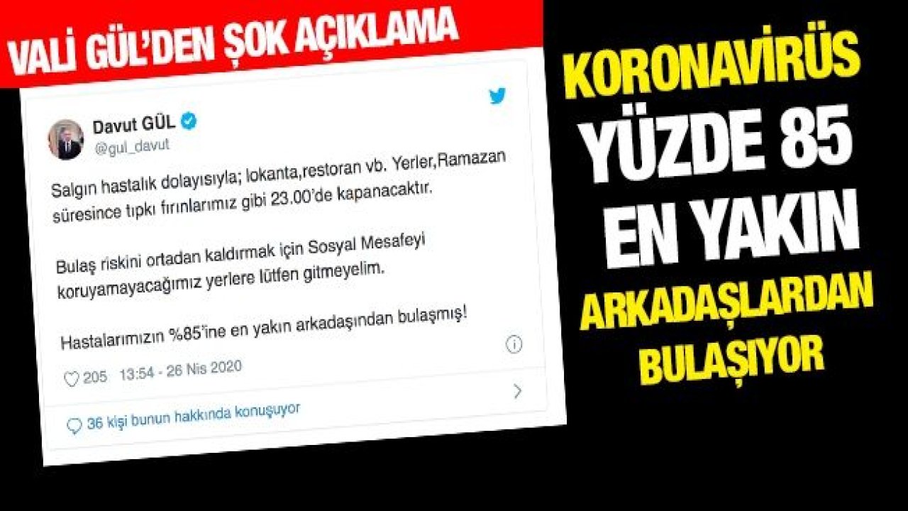 Vali Gül’den şok açıklama... Koronavirüs yüzde 85 en yakın arkadaşlardan bulaşıyor