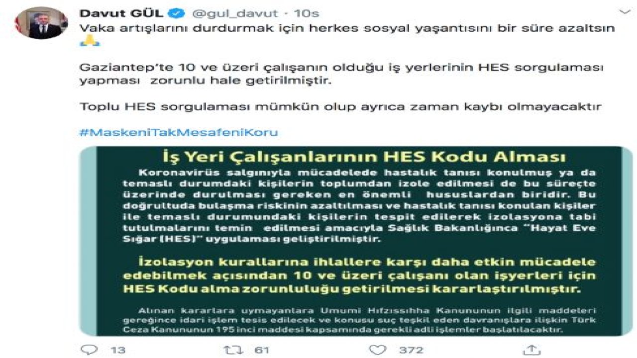 10 kişinin çalıştığı iş yerlerine HES kodu şartı...  İş yerlerine HES kodu ile girilecek...  Sosyal yaşamı azaltın