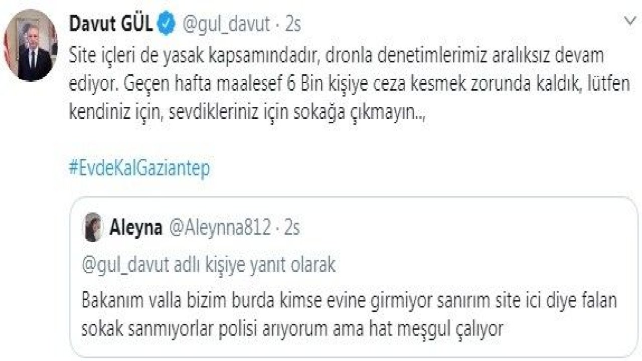 Gaziantep Valisi Davut Gül Twitter Üzerinden Yapılan Şikayeti Yanıtladı... Geçen Hafta 6220 Kişiye Ceza Kesildi