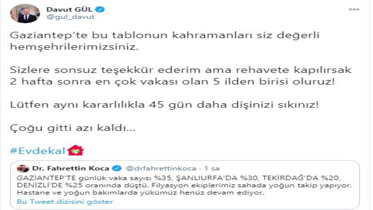 Vali Davut Gül'den Gazianteplilere 45 gün uyarısı