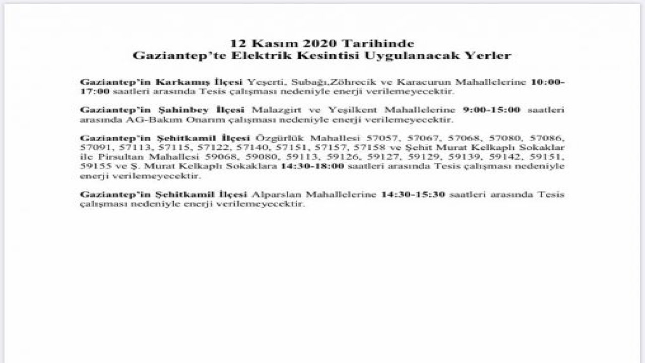 Gaziantep'te elektrik kesintisi var