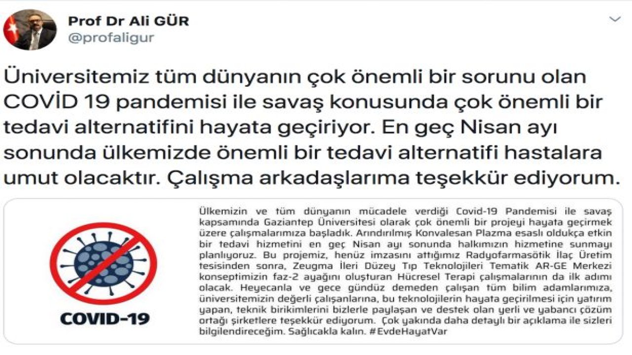 Gaziantep Üniversitesi Rektör Prof. Dr. Ali Gür 'den Korona Virüs Müjdesi