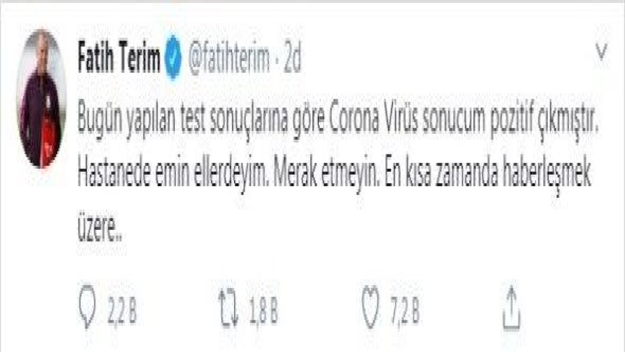 Son Dakika:Fatih Terim, corona virüsüne yakalandığını açıkladı!Terim'in Testi Pozitif...Terim Açıkladı...