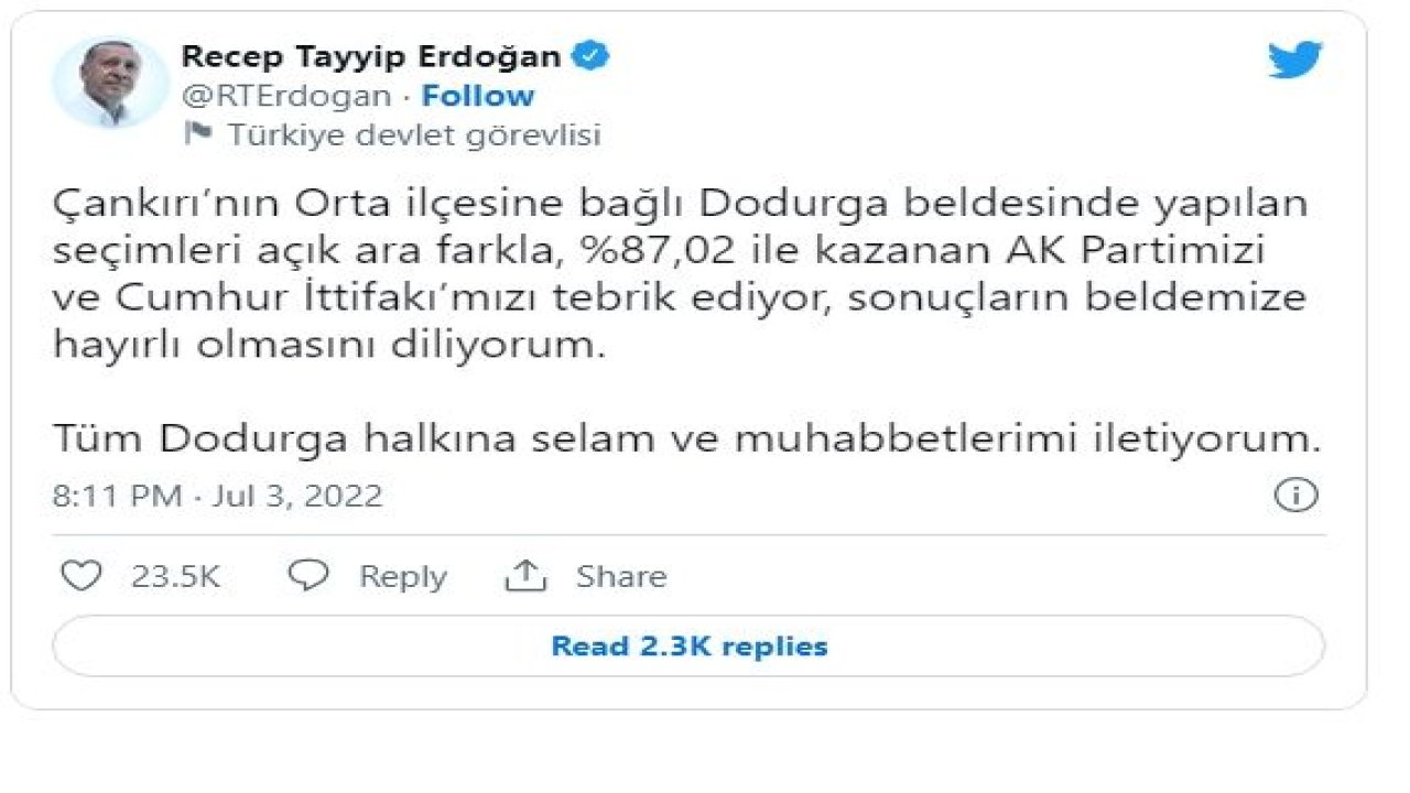 Erdoğan Ankara Dodurga'da; Kesin olmayan sonuçlara göre belediye başkanlığını AK Parti adayı Kaşıkcı kazandı