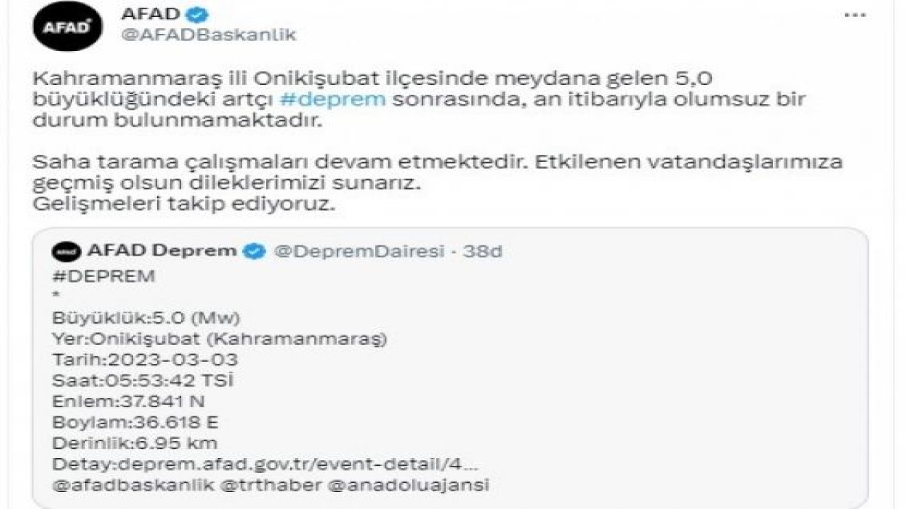 Gaziantep'ide Etkileyen Kahramanmaraş’taki 5.0 büyüklüğünde depremin ardından açıklama